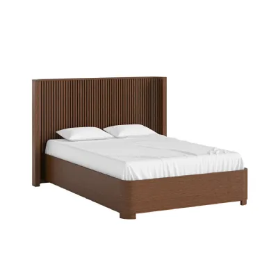 Brown Wooden Double Bed Curved Slatted Headboard
