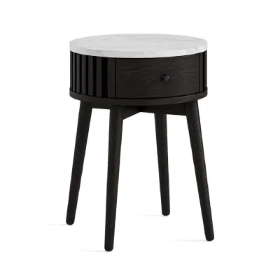 Black Oak 1 Drawer Round Slatted Side Table Marble Top