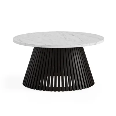 Black Oak Slatted Round Coffee Table Marble Top