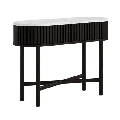Black Oak 2 Door Slatted Oval Console Table Marble Top