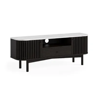 Black Oak 2 Door 1 Drawer Slatted TV Media Unit Marble Top