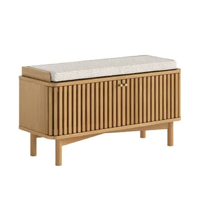 Natural Wood 2 Door Slatted Front Hallway Bench Cushion Seat