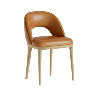 Tan Leather Effect Curved Back Dining Chair Wooden Leg