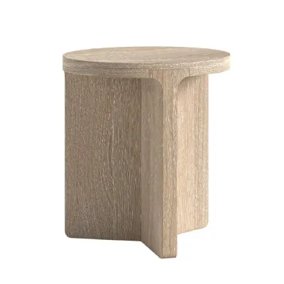 White Wash Wood Round Top Side Table Sculptural Base