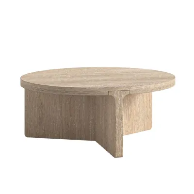 White Wash Wood Round Coffee Table Sculptural Base
