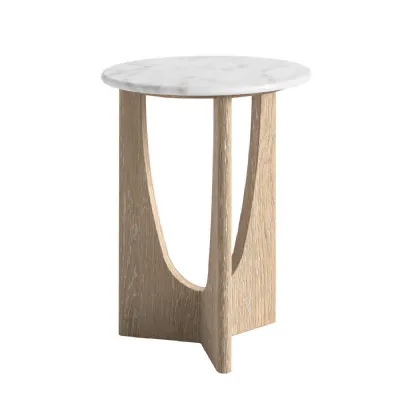 Light Oak Round Top Side Table Travertine Marble Top
