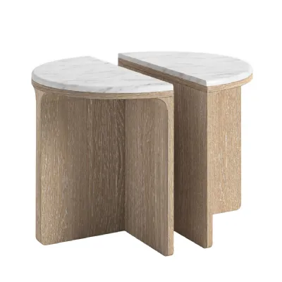 White Wash Wood Half Moon Nest of 2 Tables Travertine Tops