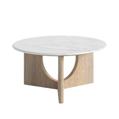 White Marble Top Round Coffee Table Geometric Wooden Base