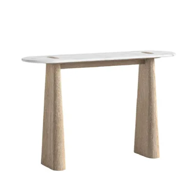 Light Oak Oval Large Console Table Travertine Marble Top
