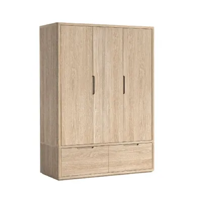 Light Oak Large 3 Door Triple Wardrobe 2 Drawers 187cm Tall