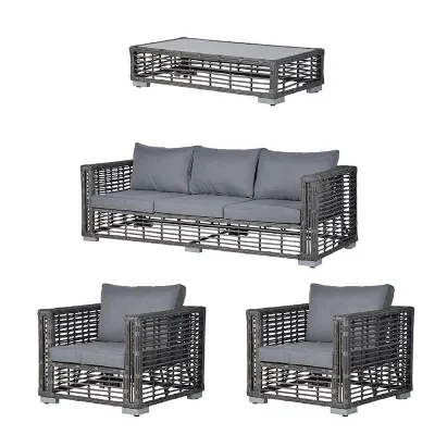 Outdoor Grey Rattan 3 Piece Garden Seating Set With Coffee Table