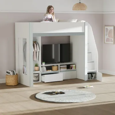 Gaia 90cm Single Highsleeper TV Bed White and Silver