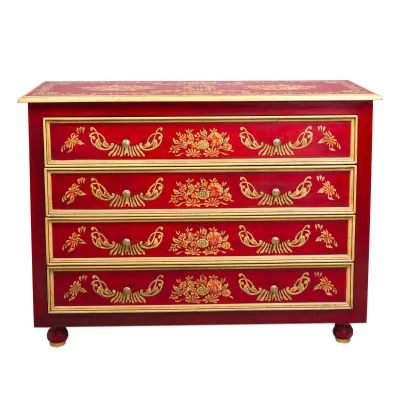 Red Hand Painted Floral 4 Drawer Chest in Folk Art Toleware Style