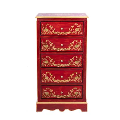 Red Floral Hand Painted 5 Drawer Wooden Chest with Gold Detailing