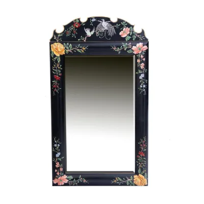 Black Hand Painted Lyre Bird Dressing Table Mirror with Floral Detailing