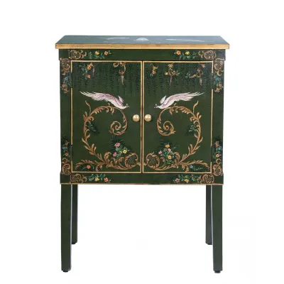 Hand Painted Green 2 Door Cabinet with Fountain and Crane Design