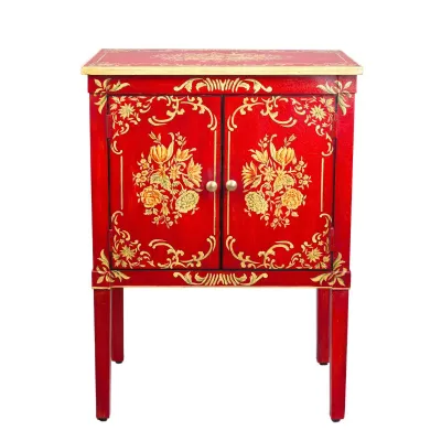 Hand Painted Red 2 Door Cabinet with Ornate Floral Design