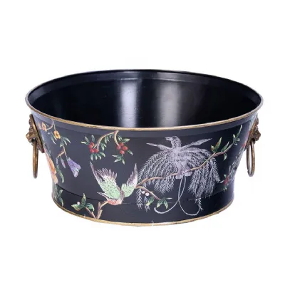 Black Lyre Bird Design Round Bowl with Handles