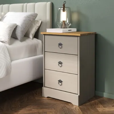 Grey Wood 3 Drawer Bedside Cabinet Oak Top
