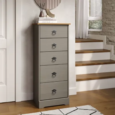 Grey Pine Narrow Chest of 5 Drawers Oak Top