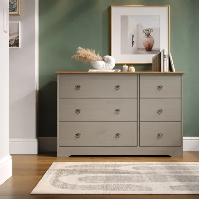 Grey Wood Wide Chest of 6 Drawers Oak Top