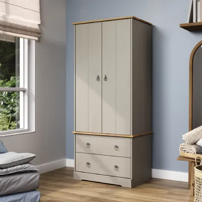 Grey Wood 2 Door 2 Drawer Double Wardrobe Oak Top