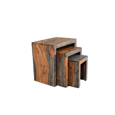 Modern Sheesham Wood Grey and Brown Nest of Tables