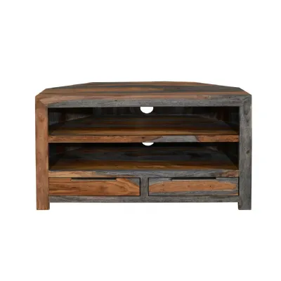 Modern Two Tone Solid Sheesham Wood Corner TV Unit