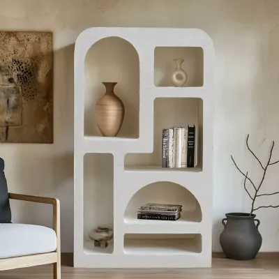 White Wooden Geometric Shaped Tall Open Bookcase