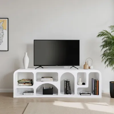 White Wood Geometric Shaped Wide TV Cabinet