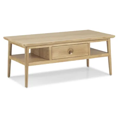 Modern Natural Oak Coffee Table with Double Sided Drawer and Open Shelf