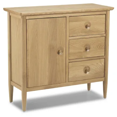 Scandi Style Natural Solid Oak 3 Drawer Sideboard with Door and Tapered Legs