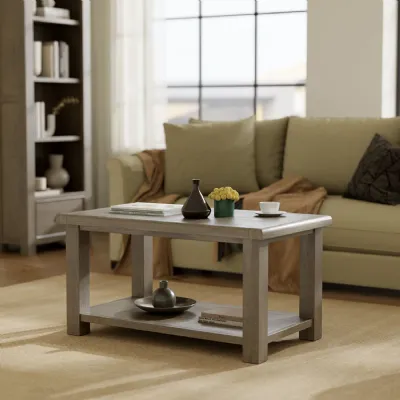 Modern Style Solid Oak Rectangular Coffee Table with Lower Shelf