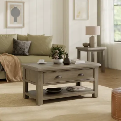 Farmhouse Solid Oak Rectangular Coffee Table with Drawer and Shelf