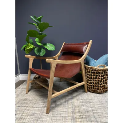 Modern Rustic Natural Teak Wood Brown Leather Easy Armchair