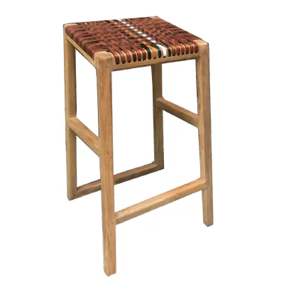 Pair of Stripped Natural Leather Teak Counter Bar Stools