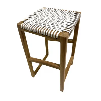 Rustic Teak Wood Square Counter Stool with Handwoven White Seat