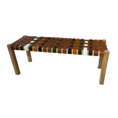 Artisan Natural Wood Bench with Multicoloured Leather Weave Seat