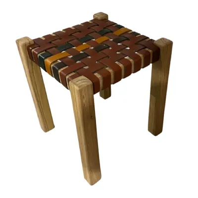 Pair of Natural Teak Multitone Leather Striped Stools