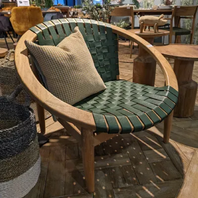 Modern Green Leather Woven Moon Lounge Chair with Curved Teak Frame