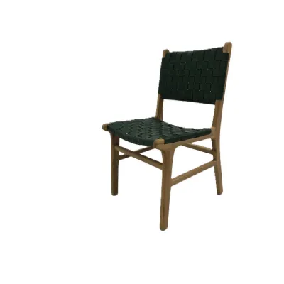Traditional Dark Green Leather and Natural Teak Woven Dining Chair