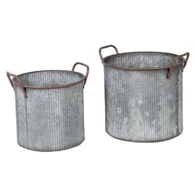 Set Of 2 Ribbed Metal Planters
