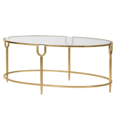 Large Gold Dimple Glass Top Deco Oval Coffee Table