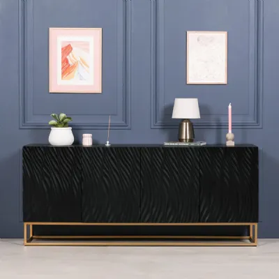 Black Mango Wood Large Sideboard with 4 Doors Ripple Design