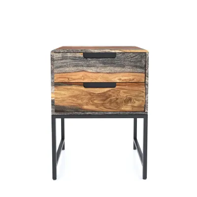 Industrial Grey and Brown Sheesham Wood 2 Drawer Side Table