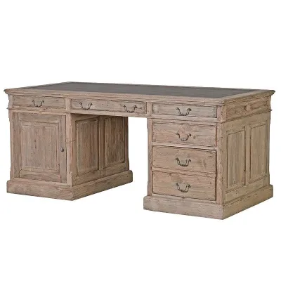 Large Reclaimed Rustic Pine Vintage Partners Office Desk With Leather Top Insert