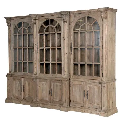 Large Reclaimed Pine Triple Glazed Breakfront Bookcase