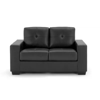 Black Bonded Leather Buttoned 2 Seater Sofa Fixed Cushions