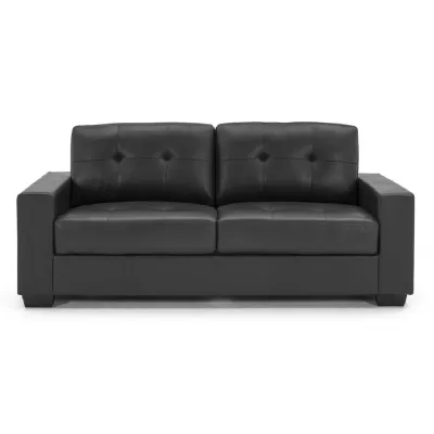 Modern Black Bonded Leather Upholstered Buttoned Back Fixed 3 Seater Sofa
