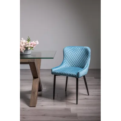 Blue Velvet Fabric Dining Chair Diamond Pattern